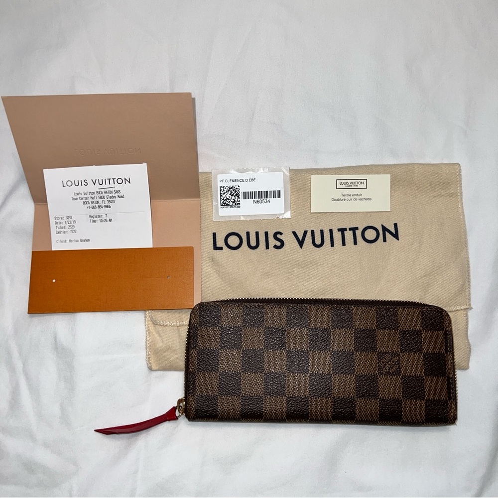 Louis Vuitton Damier Ebene Clemence Cherry Zip Wallet Authenic Receipts SD0129
